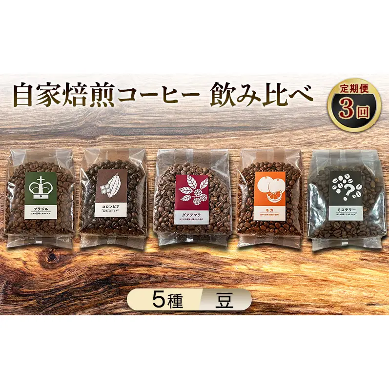 【厳選5種の3ヶ月定期便】芳醇なフルーティー＆ビター飲み比べセット・自家焙煎コーヒー（豆）(モカ285g×2、ブラジル250g、グァテマラ221g、コロンビア239g、インドネシア327g) 珈琲