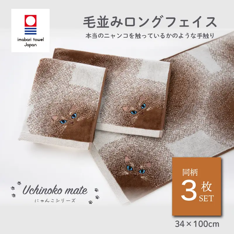 （今治タオル）Uchinoko mate にゃんこシリーズ 毛並みロングフェイスタオル３枚セット（ポインテッド／シャム）
