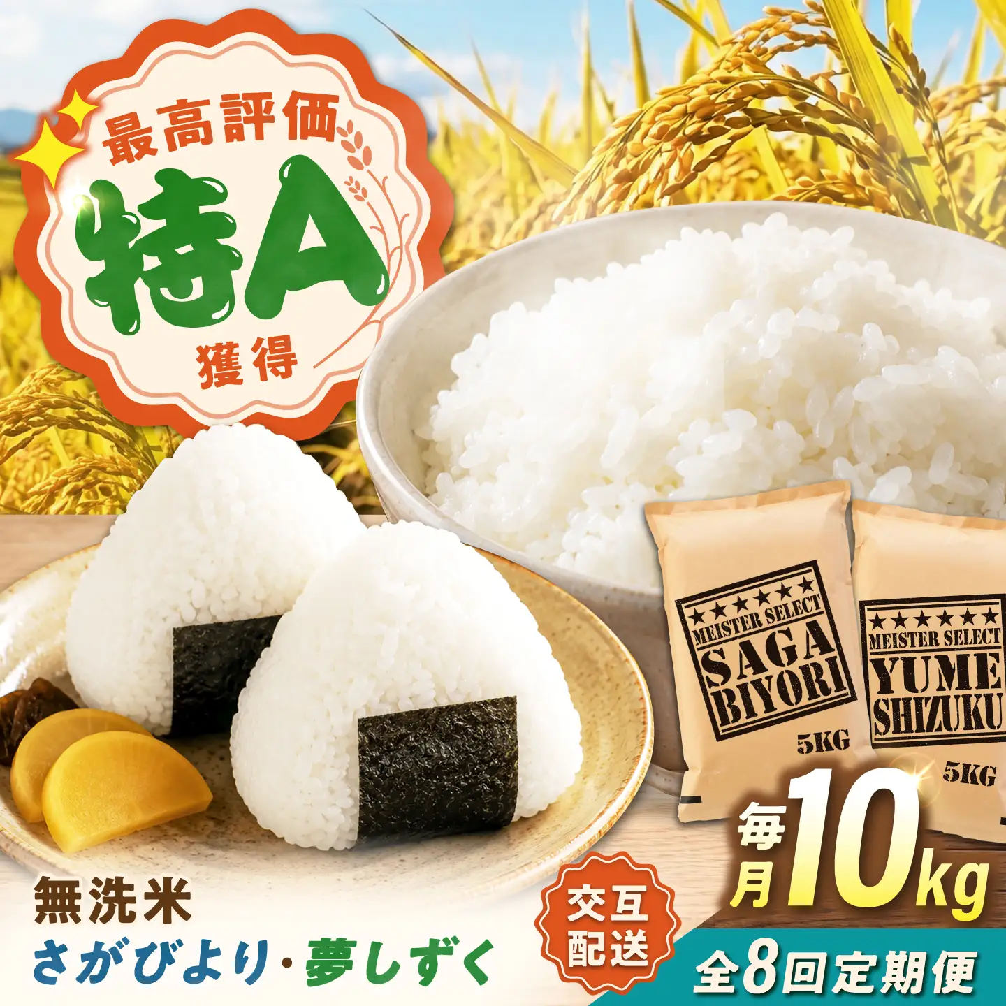 【8回定期便】 無洗米 毎月 10kg （さがびより・夢しずく交互お届け） 無洗米 お米 白米 精米 佐賀県産 米 /大塚米穀店[UFE024]