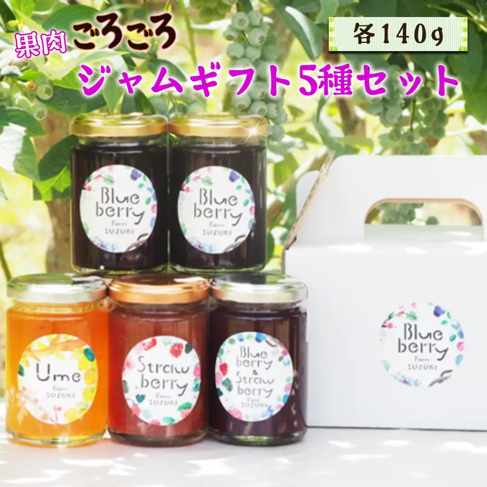 果肉ごろごろ！ジャムギフト5種セット ／ ジャム 食べ比べ フルーツジャム 果肉ごろごろ 果肉たっぷり ギフトセット 朝食 パンのお供 ヨーグルト トースト お取り寄せ 手作りジャム ブルーベリージャム いちごジャム 梨ジャム 梅ジャム ミックスジャム 保存料不使用 着色料不使用 贈答用 千葉県 No.096