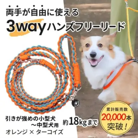 【犬用】3WAYハンズフリーリード(引きが強めの小型～中型犬)オレンジ×ターコイズ【ゴールデンママ】【配送不可地域：離島・沖縄県】【1743147】