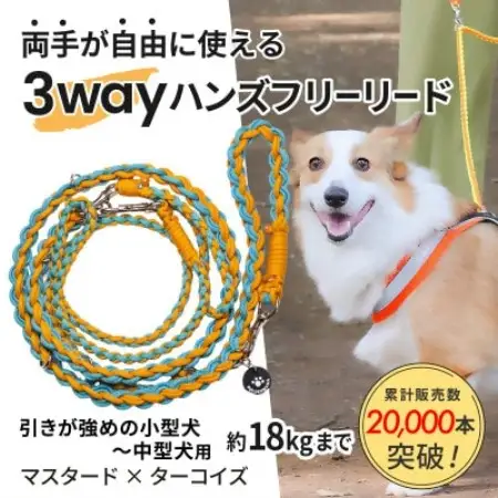 【犬用】3WAYハンズフリーリード(引き強めの小型～中型犬)マスタード×ターコイズ【ゴールデンママ】【配送不可地域：離島・沖縄県】【1743148】