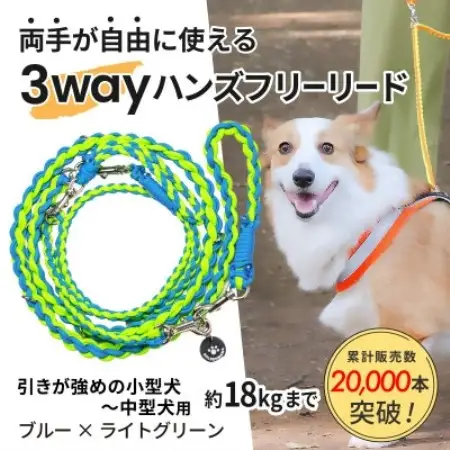 【犬用】3WAYハンズフリーリード(引き強めの小型～中型犬)ブルー×ライトグリーン【ゴールデンママ】【配送不可地域：離島・沖縄県】【1743149】