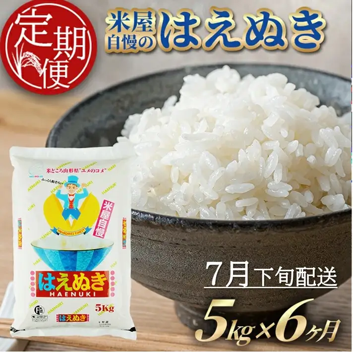 SH0090　7月下旬発送開始／【6回定期便】［精米］米屋自慢のはえぬき　5kg×6回(計30kg) TO