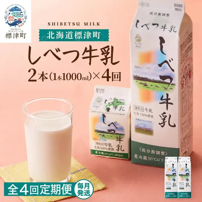 【毎月2本】【4ヶ月定期便】 しべつ牛乳 1L×2本 北海道 パックミルク 牛乳【AE026】