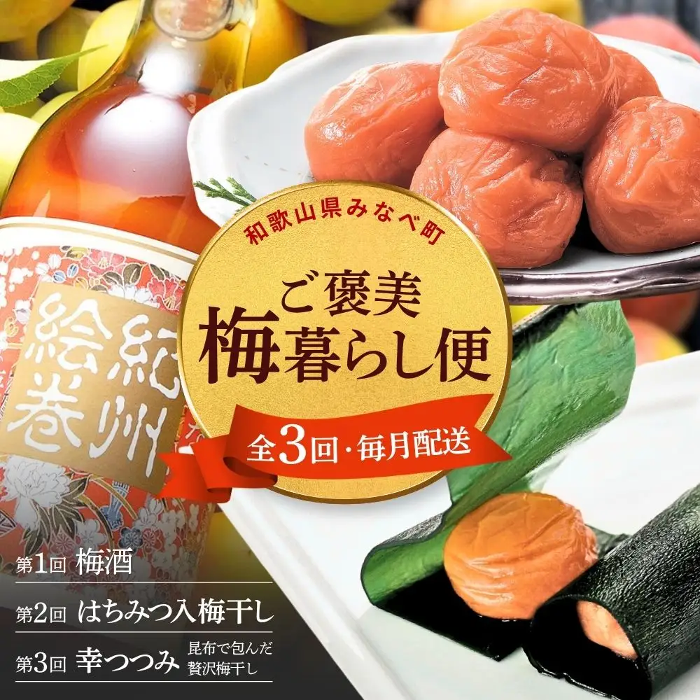 【定期便全3回】梅酒 梅干し 紀州南高梅 はちみつ梅 昆布包み梅 和歌山県みなべ町産 【umicbn-tkb001】