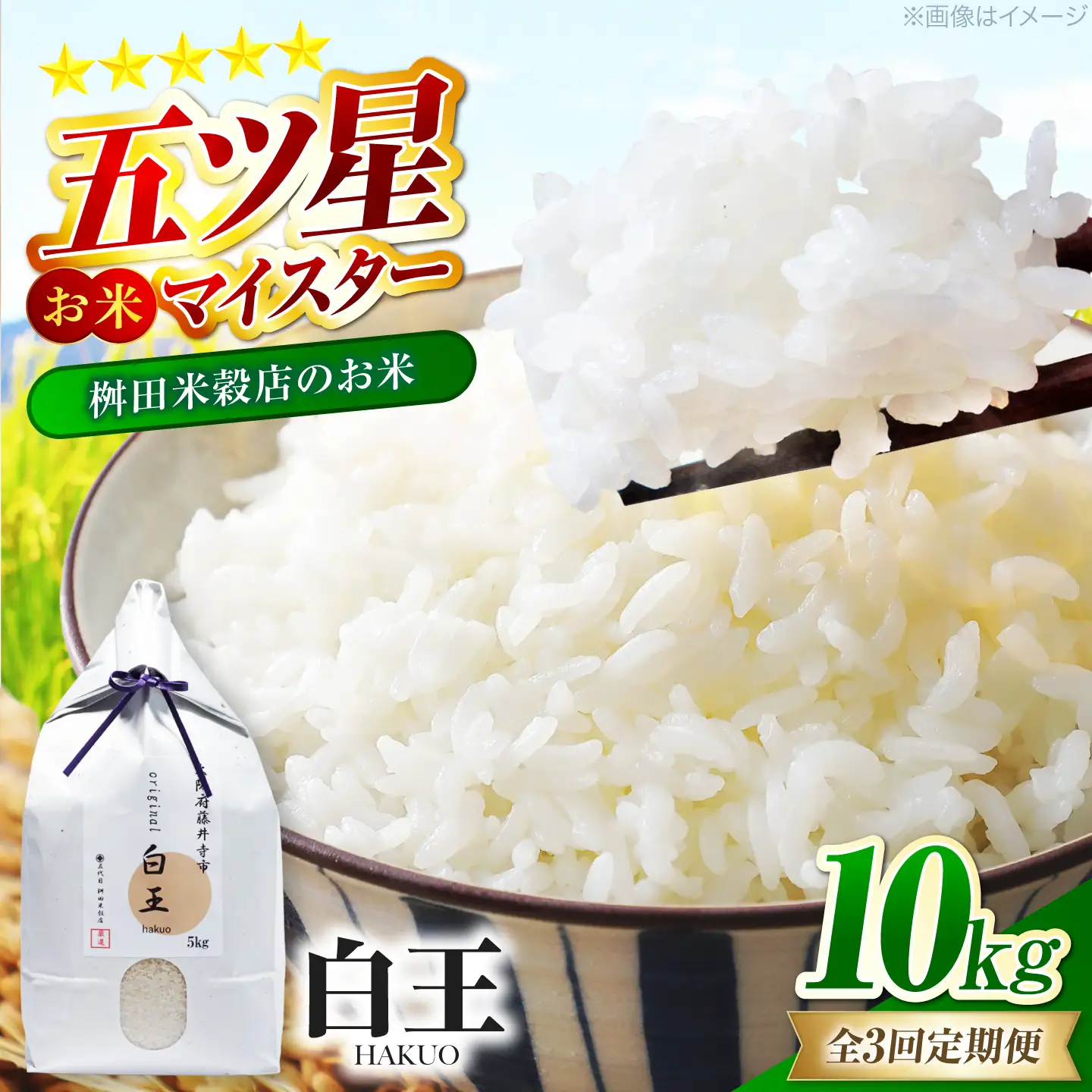 【全3回定期便】 お米 白王(HAKUO) 10kg（5kg×2個） / 米 コメ こめ お米 おこめ ご飯 ごはん ゴハン オリジナル米 ブランド米 白米 精米 魚沼 魚沼産 魚沼市 大阪府 藤井寺市 お米マイスター 国産お弁当 人気 おすすめ /大阪府藤井寺市/ 桝田米穀店[BLAZ006]