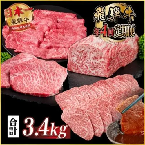 【発送月固定定期便】飛騨牛 赤身定期便 計3.4kg ヒレ モモ ブロック 赤身スライス 冷蔵全4回【配送不可地域：離島】【4088113】