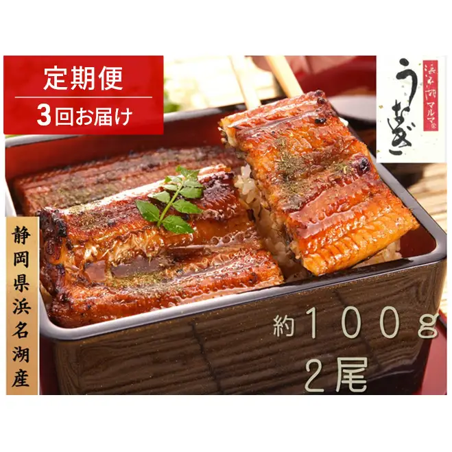 浜名湖マルマ 【定期便・全3回】うなぎ蒲焼(約100g x 2尾) 浜名湖産うなぎ 長蒲焼 国産 ギフト 贈答 土用の丑の日 蒲焼 鰻 うなぎ 真空 個包装 冷凍 浜名湖 グルメ 静岡 浜松市 【配送不可：離島】
