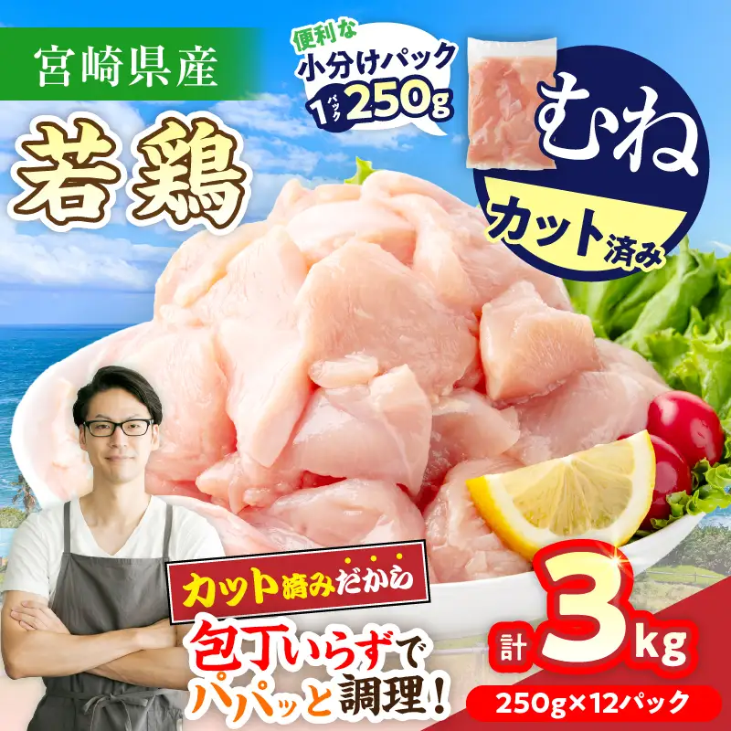 数量限定 宮崎県産 若鶏むね肉 切身 250g×12袋 計3kg_BAV12-26