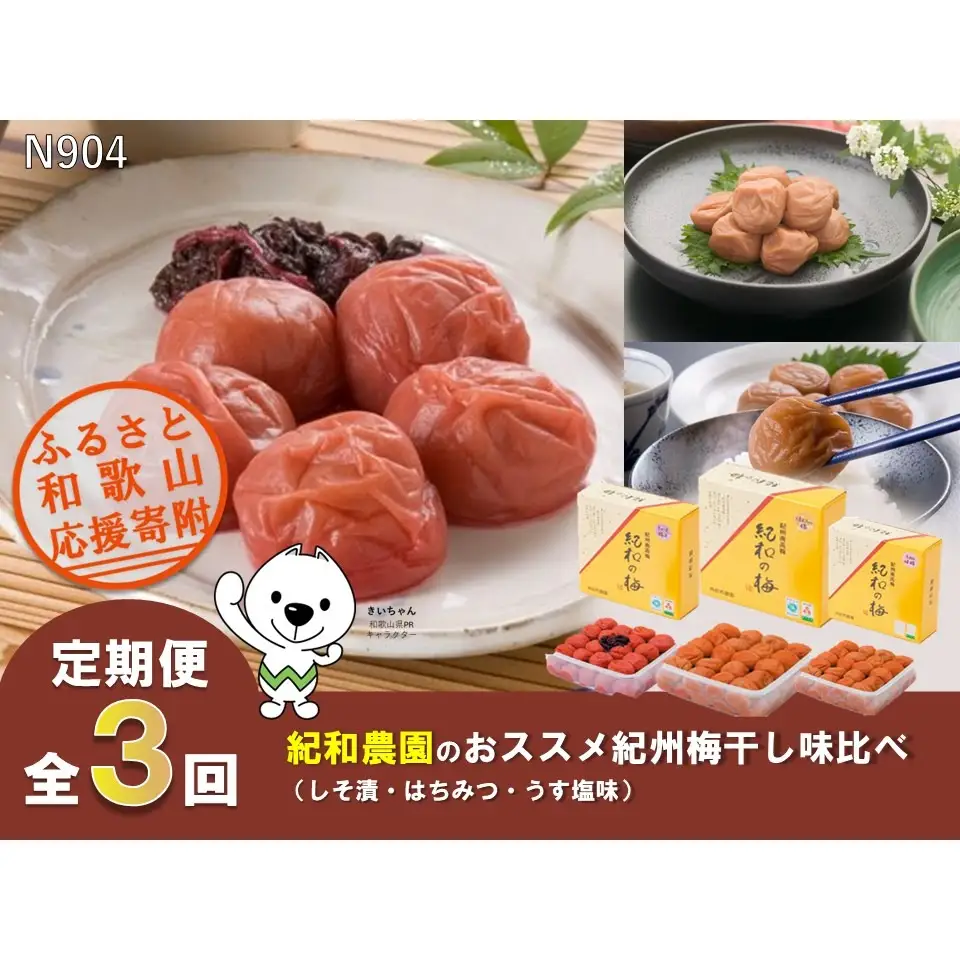 N904 【全3回定期便】梅干し　紀和農園のおススメ紀州梅干し味比べ（しそ漬・はちみつ・うす塩味）