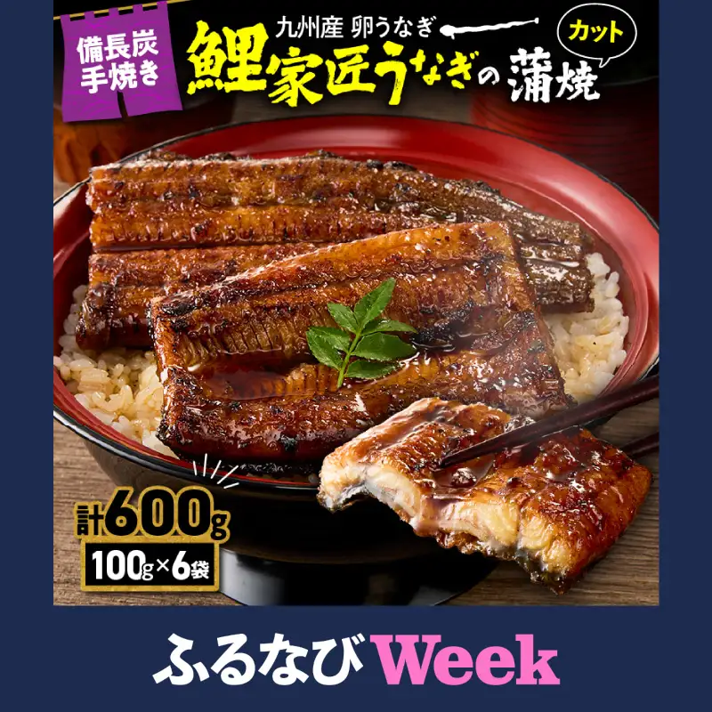 【ふるなびWEEK対象】九州産 卵うなぎ 備長炭手焼 うなぎ カット 蒲焼 パック 計600g（6袋） KN029-006-03-cpf 魚 冷凍 鰻