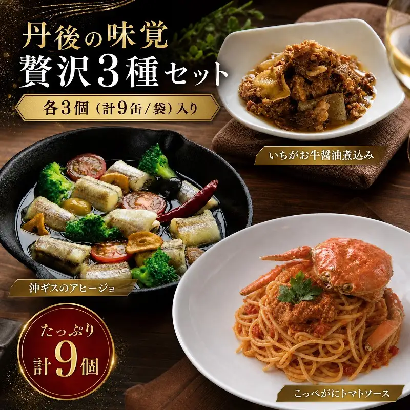 丹後の味覚お試し3種セット×各3個　パスタ ソース 簡単 時短 手軽 グルメ お取り寄せ カニ ズワイ 魚 肉 国産 保存 おかず おつまみ 缶詰 常温配送 常温保存 ごはんのお供 パン 京都