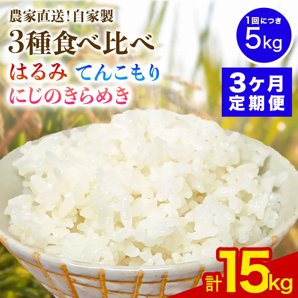 [定期便／3ヶ月連続][令和8年産／11月上旬より順次発送] 新米3種食べ比べ 伊勢原産 精米各5kg (はるみ・てんこもり・にじのきらめき) 農家直送！加藤さんちのうんめぇ！自家製米 [1150]