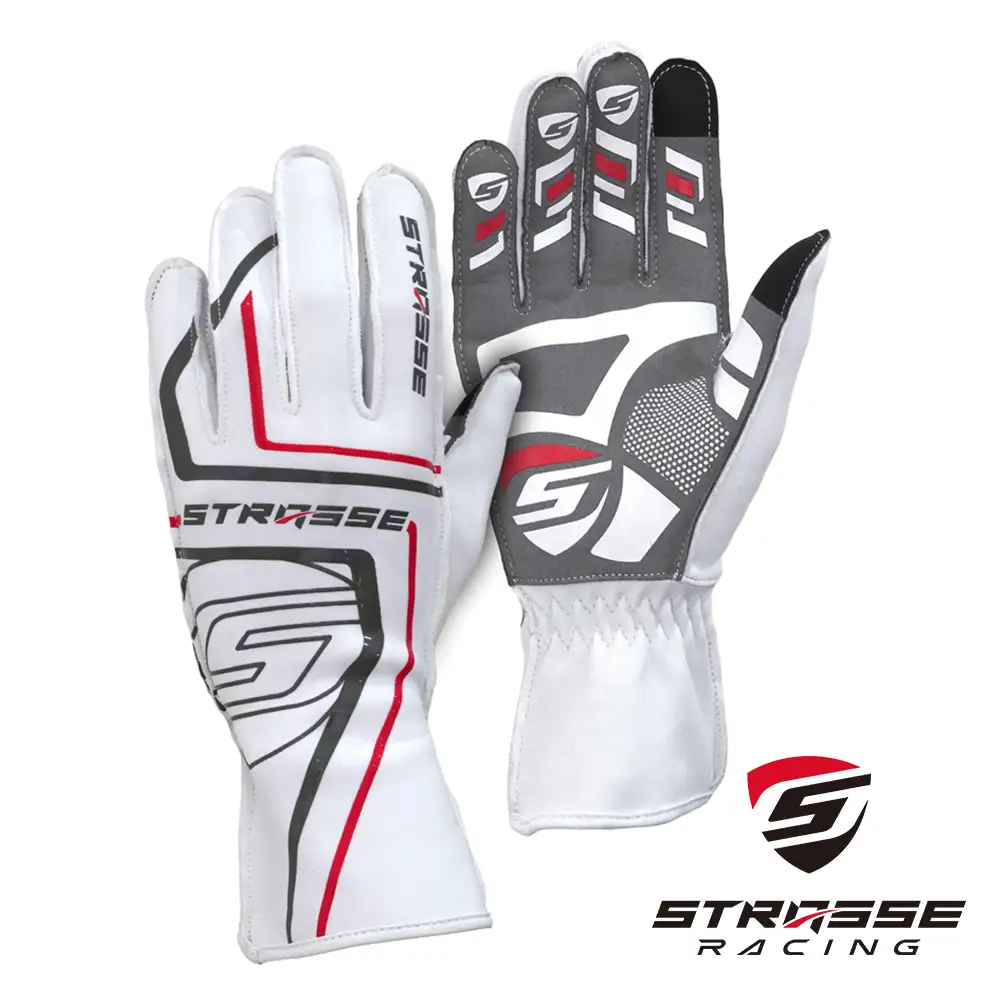 STRASSE レーシンググローブ アウトステッチ ホワイト ／ コスティック シリコン 滑り止め加工 衝撃吸収パッド タッチパネル対応 伸縮性 通気性 奈良県 御所市
