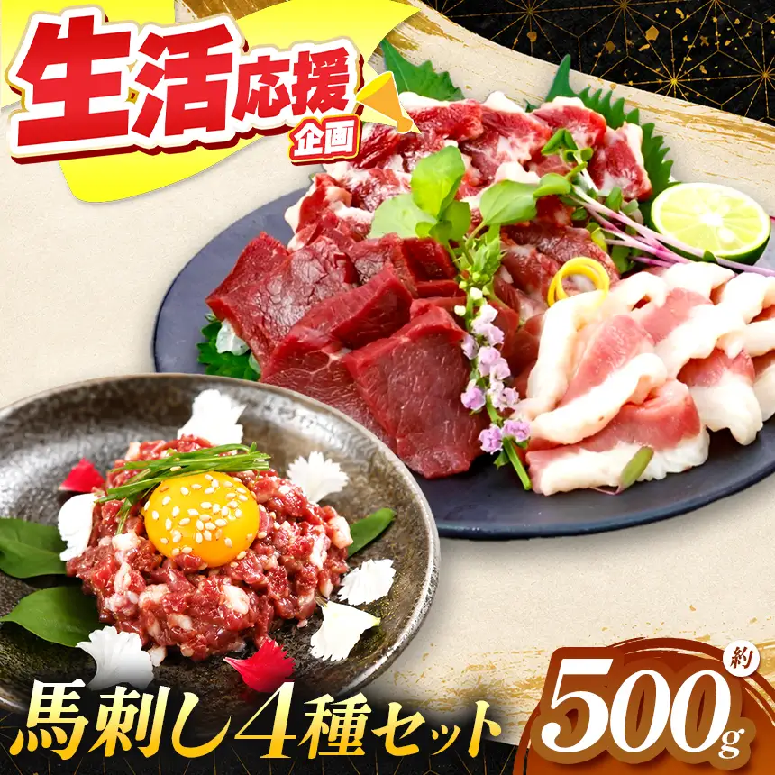 海外産 馬刺し 4種セット 500g（赤身、フタエゴ、サガリ、トロユッケ） 馬刺しの長野屋【011-b9】
