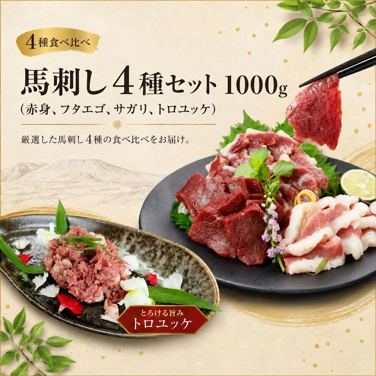 海外産 馬刺し 4種セット 1000g（赤身、フタエゴ、サガリ、トロユッケ） 馬刺しの長野屋【019-25】