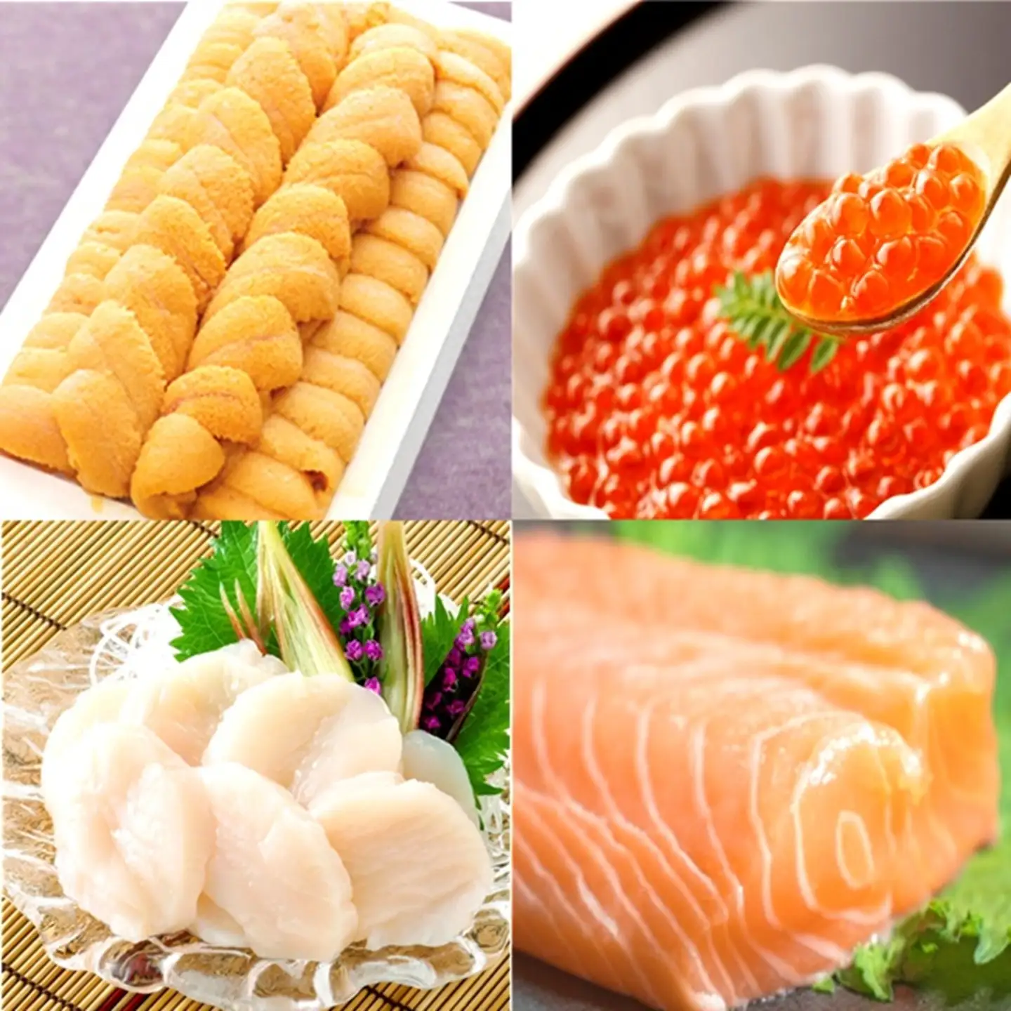 エゾバフンウニ100g×1折、いくら醤油漬け(鱒卵)100g×1P、お刺身ホタテ貝柱300g×1P、お刺身サーモン300g～500g(1～3本)[11月下旬以降発送] E-40033