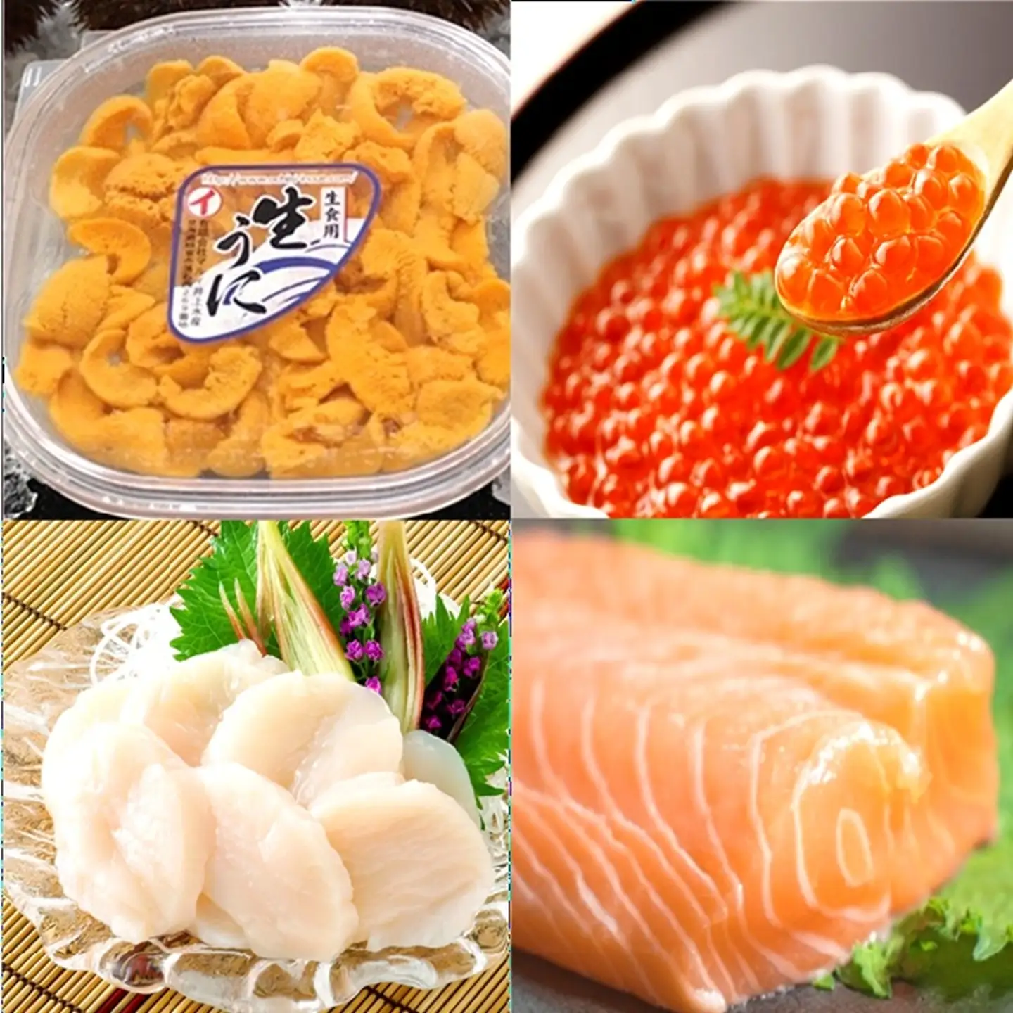 エゾバフンウニ塩水パック100g×1P、いくら醤油漬け(鱒卵)100g×1P、お刺身ホタテ貝柱300g×1P、お刺身サーモン300g～500g(1～3本)[11月下旬以降発送] E-40034
