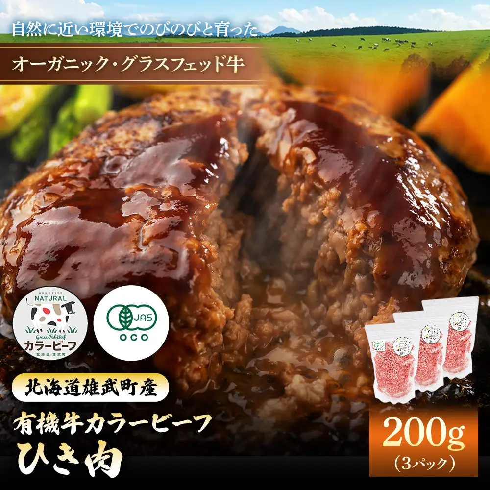 雄武産有機牛カラービーフ ひき肉（200ｇｘ３Ｐ）【01132】