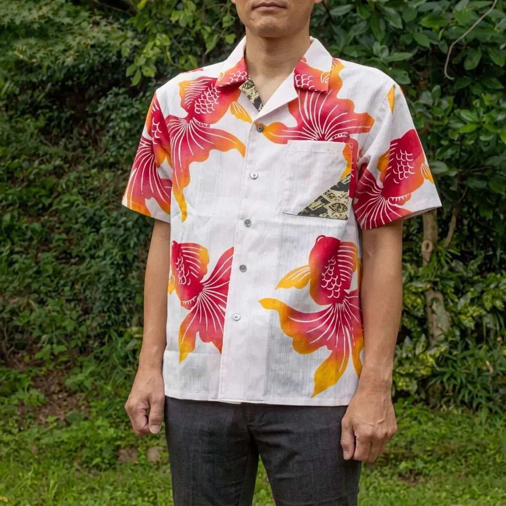 島田帯シャツ（ピンク金魚柄）M ファッション 服 男性 メンズ 