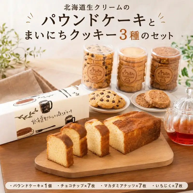 北海道生クリームのパウンドケーキとまいにちクッキー3種のセット
