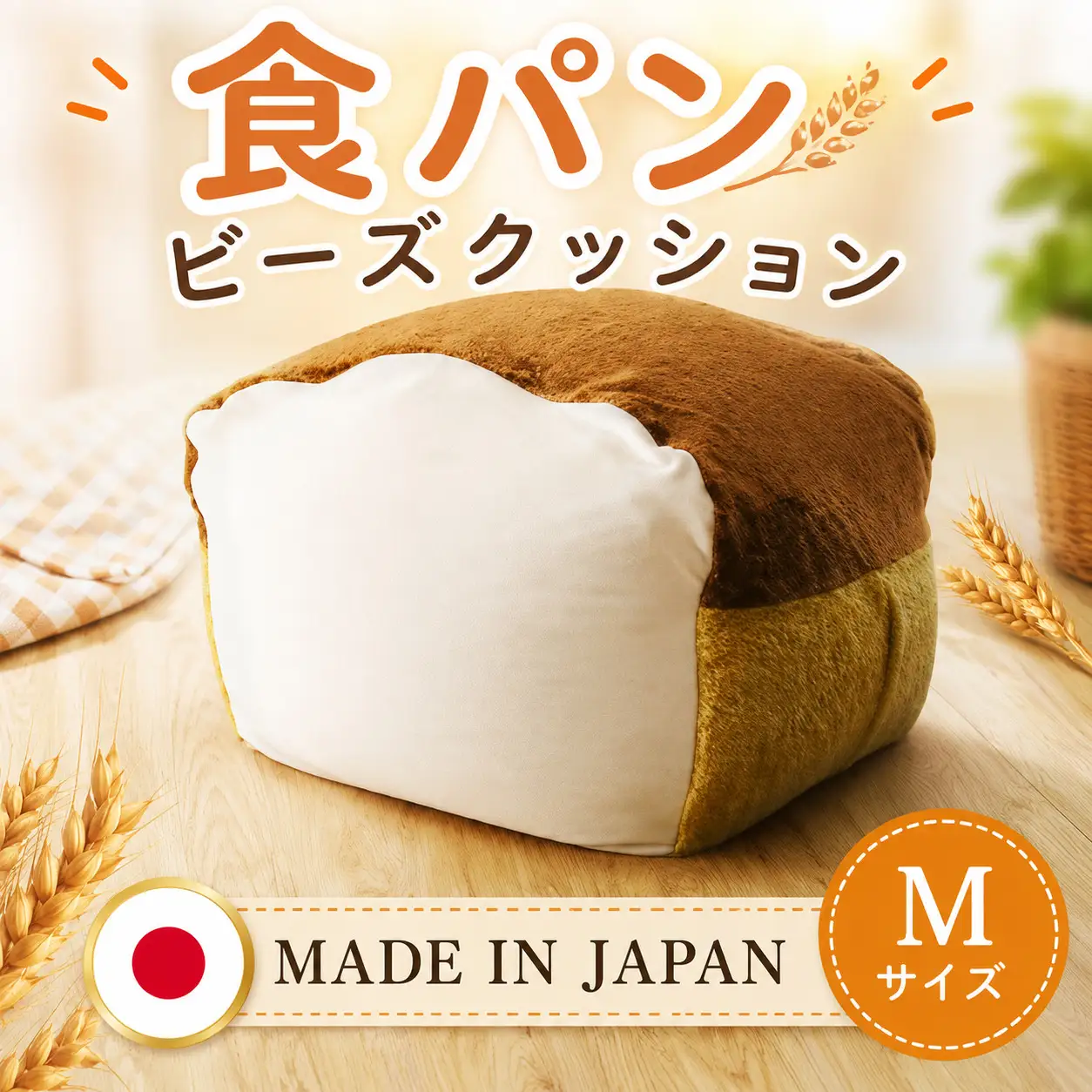 食パンビーズクッションMサイズ ／ クッション インテリア チェア リラックス 癒やし 体にフィット かわいい 食パンデザイン おしゃれ 個性的 ユニーク もちもち ふんわり プレゼント 子ども部屋 日本製クッション 自社工場製 神奈川県 No.292