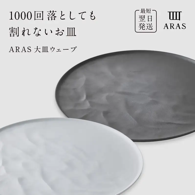 ARAS 大皿ウェーブ 2枚セット【カラー：ホワイト&グレー】27cm 大皿 プレート 割れない 保証付き ARAS エイラス 色が選べる 皿 食器 うつわ 贈り物 ギフト 3万円 30000円 F6P-2589