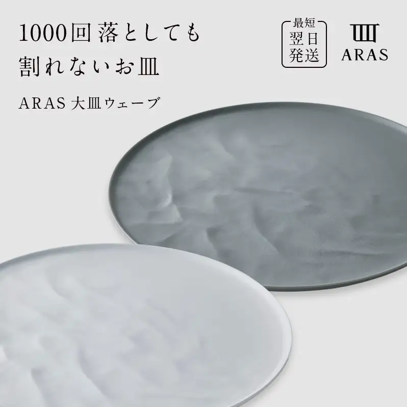 ARAS 大皿ウェーブ 2枚セット【カラー：ホワイト&グリーングレー】27cm 大皿 プレート 割れない 保証付き ARAS エイラス 色が選べる 皿 食器 うつわ 贈り物 ギフト 3万円 30000円 F6P-2591