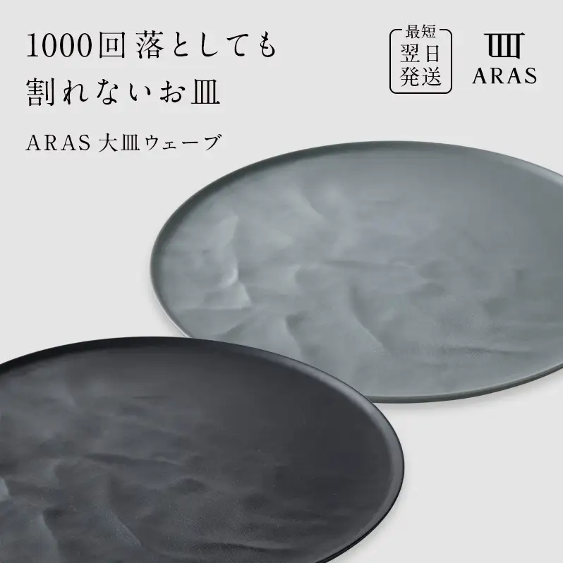 ARAS 大皿ウェーブ 2枚セット【カラー：ブラック&グリーングレー】27cm 大皿 プレート 割れない 保証付き ARAS エイラス 色が選べる 皿 食器 うつわ 贈り物 ギフト 3万円 30000円 F6P-2596
