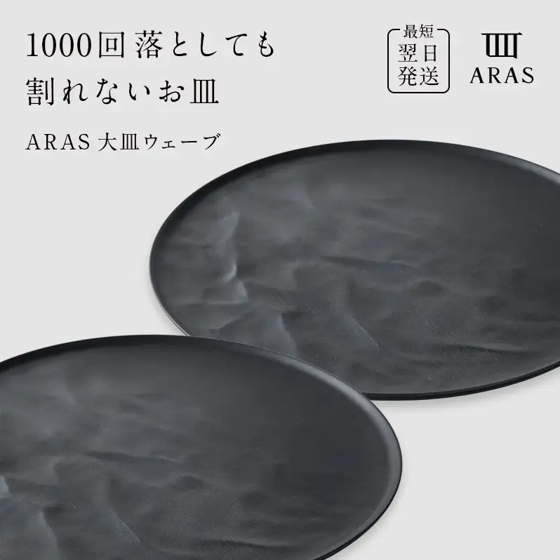 ARAS 大皿ウェーブ 2枚セット【カラー：ブラック2枚】27cm 大皿 プレート 割れない 保証付き ARAS エイラス 色が選べる 皿 食器 うつわ 贈り物 ギフト 3万円 30000円 F6P-2601
