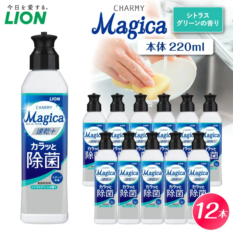 CHARMY Magica 速乾＋（プラス） カラッと除菌 シトラスグリーンの香り 本体220ml×12個 チャーミーマジカ マジカ ライオン LION 食器用洗剤 台所用洗剤 キッチン洗剤 食器洗剤 中性洗剤 本体 つめかえ 詰め替え 詰替え つめかえ用 220ml 680ml まとめ買い 買い置き ストック 日用品 生活用品 生活必需品 消耗品 キッチン用品 台所用品 食器洗い 油汚れ 除菌