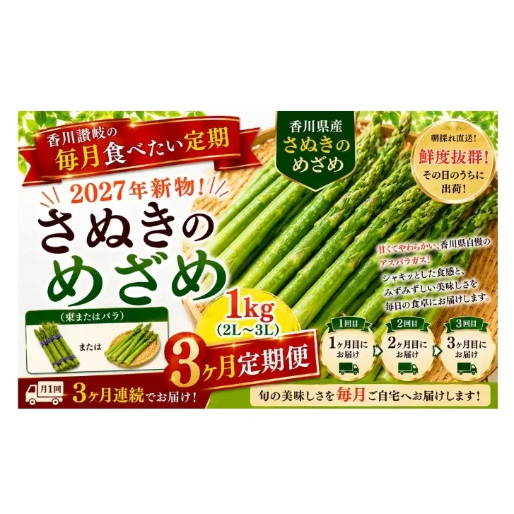 香川讃岐の毎月食べたい定期「2027年新物！さぬきのめざめ 1kg（2L～３L）」3ヶ月定期便