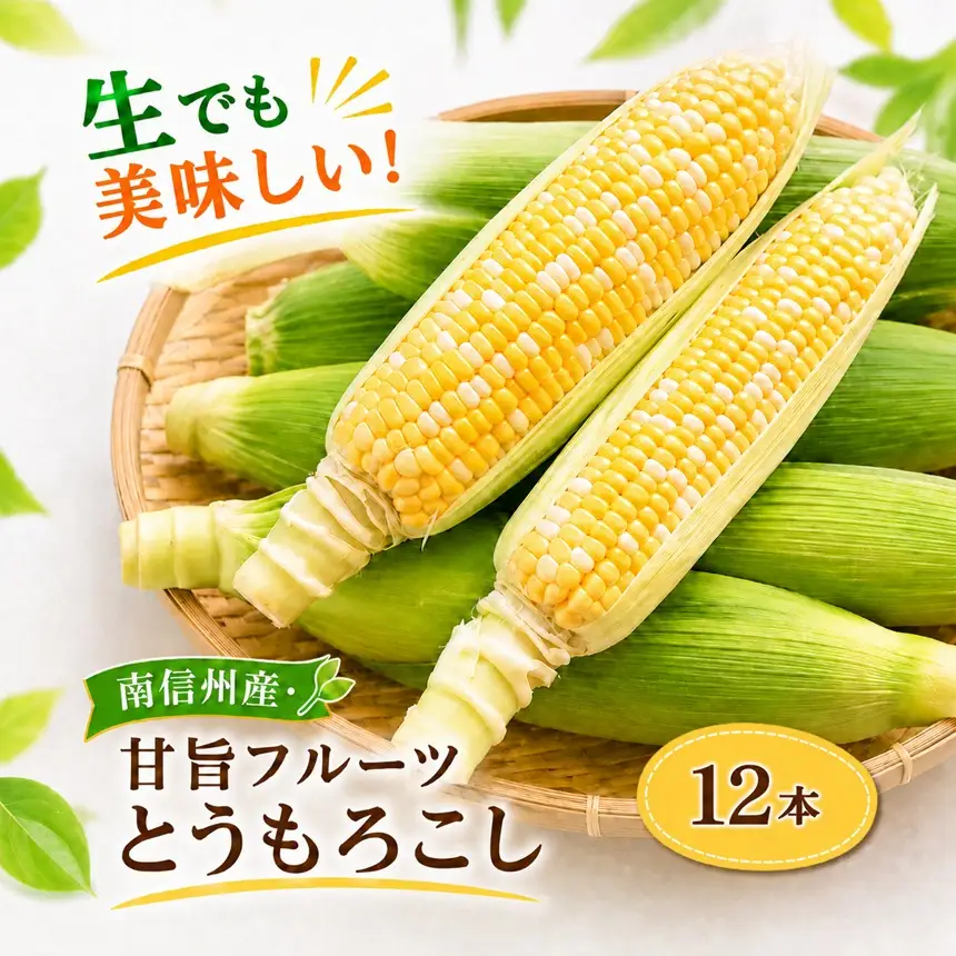 生でも美味しい! 南信州産 ・ 甘旨 フルーツとうもろこし 【12本】＜2026年8月上旬～発送＞| テトテ農園