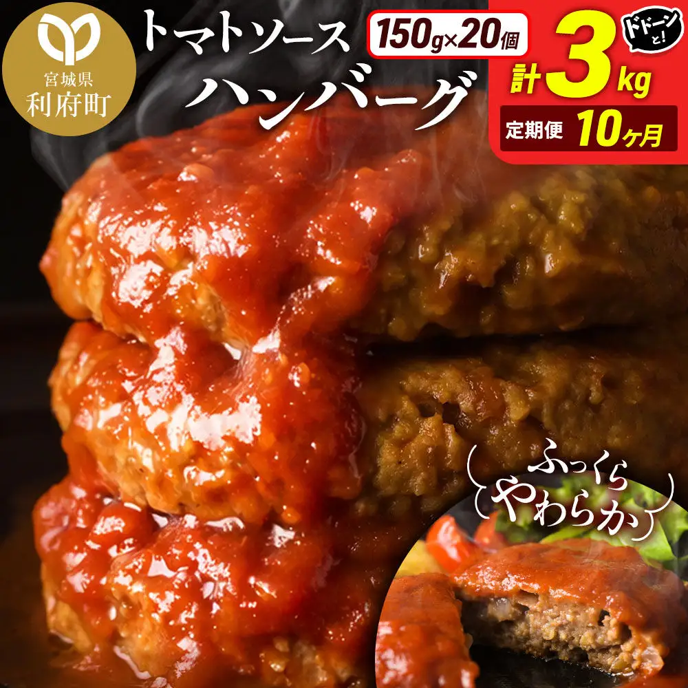 《定期便10ヶ月》お肉屋さんのやわらかトマトソースハンバーグ (150g×20個) ×10回