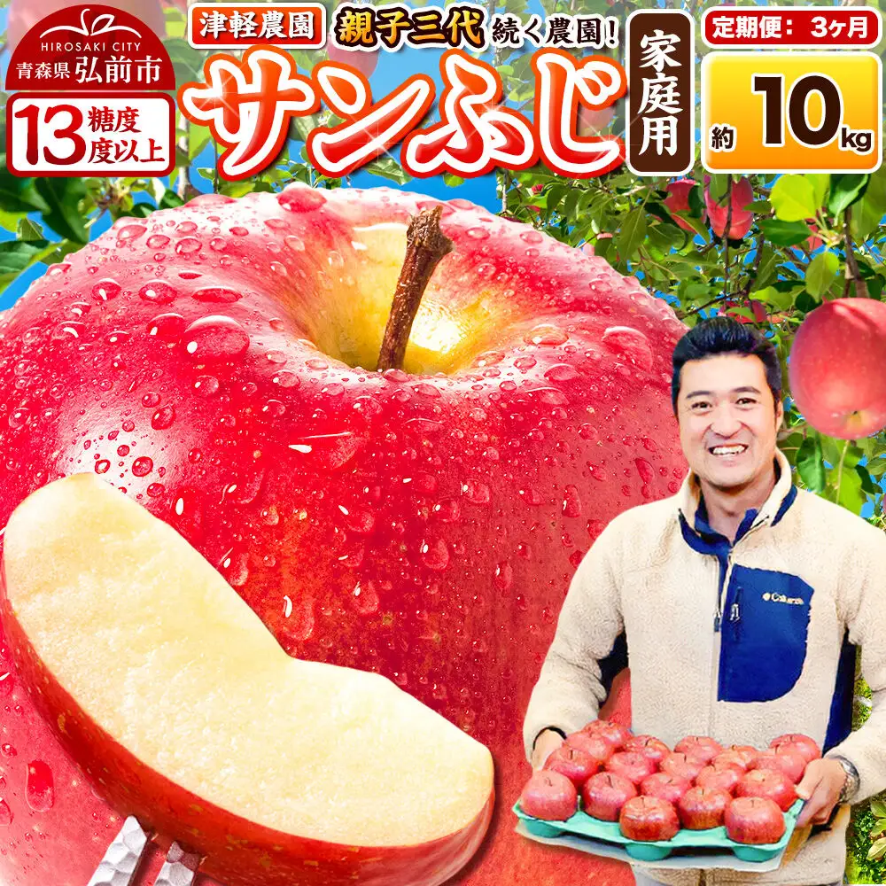 【27年1月～発送】《定期便3ヶ月》りんご  サンふじ【家庭用】約10kg 26～40玉程度【糖度13度以上】津軽農園