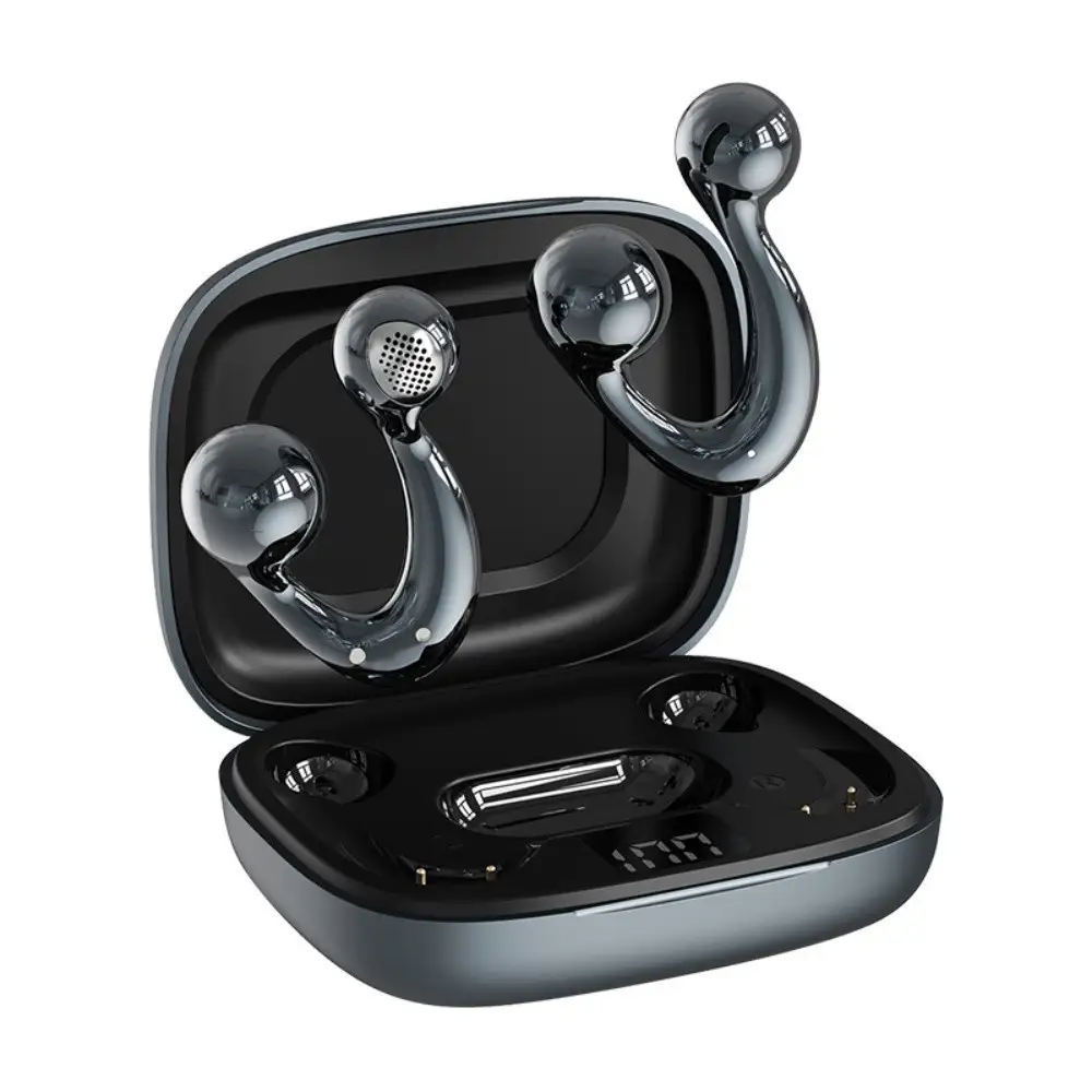 【グレー】イヤリング型ワイヤレスイヤホン Bluetooth6.1 空気伝導 TWS OWS ヘッドセット 耳を塞がない スタイリッシュ 安定装着 生活防水 高級感 HiFi 高音質 マイク内蔵 ENCノイズキャン 新モデル 小型軽量 Type-C充電 iOS/Android/Windows 多機種対応【PL保険加入済み製品・安心】