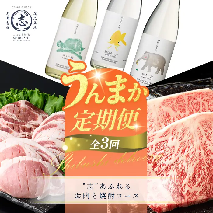 【定期便全3回】"志”あふれるお肉と焼酎コース！志布志うんまか定期便 国産 牛肉 豚肉 黒毛和牛 黒豚 鹿児島県産 ステーキ しゃぶしゃぶ バラ肉 歩く一日 跳ねる一日 躍る一日 芋焼酎 むぎ焼酎 バラエティ セット t0048-010