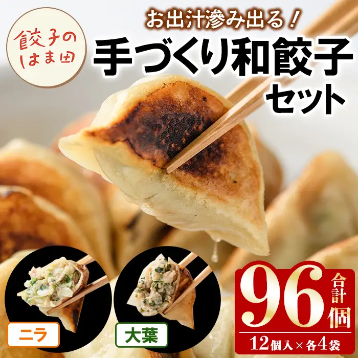 手づくり和餃子セット(ニラ餃子12個入×4袋+大葉餃子12個入×4袋・合計96個) 餃子 生餃子 ギョウザ ぎょうざ ギョーザ セット 詰め合わせ おかず お惣菜 冷凍 和風 水餃子 にら ニラ 大葉 手作り 食べ比べ 【餃子のはま田】akn096-04