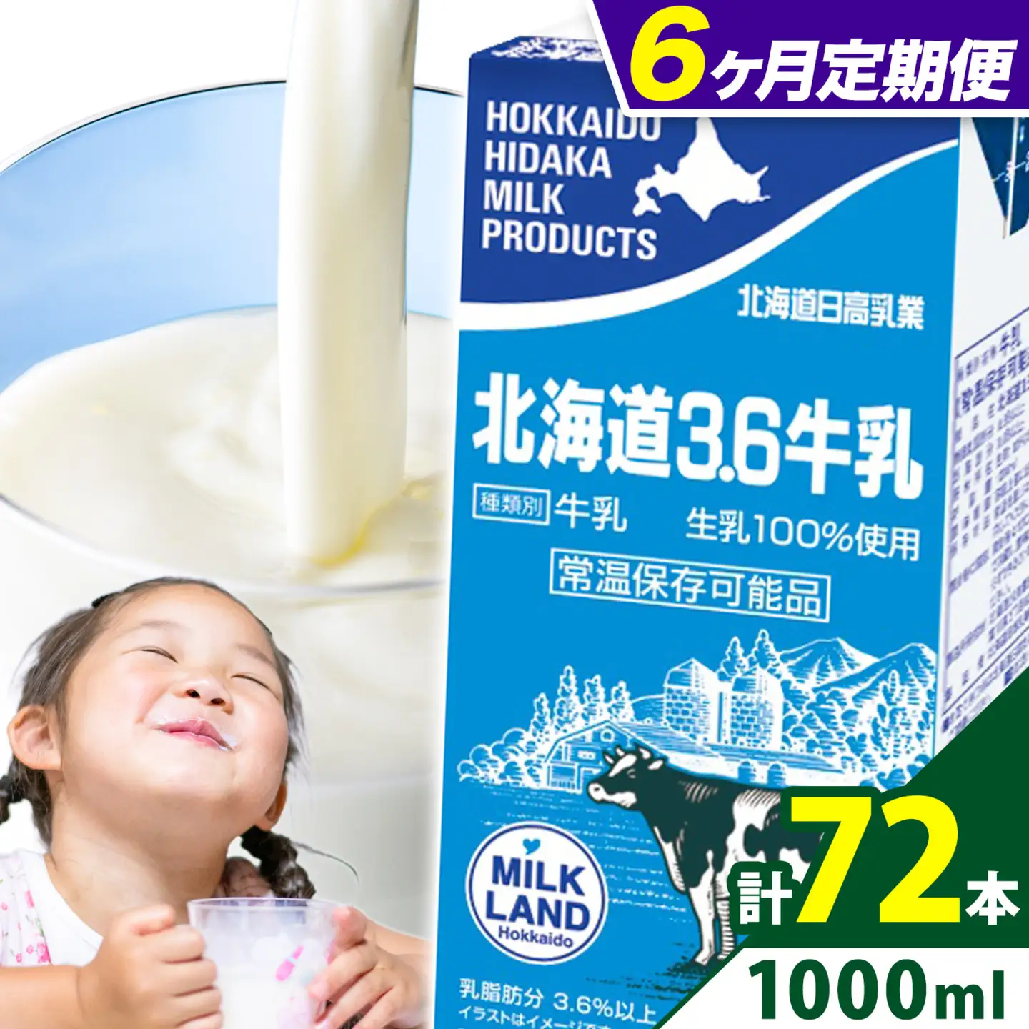 【6ヶ月定期便】ロングライフ 常温保存可能 北海道 3.6 牛乳 1000ml × 12本 日高乳業《お申込み翌月から出荷》