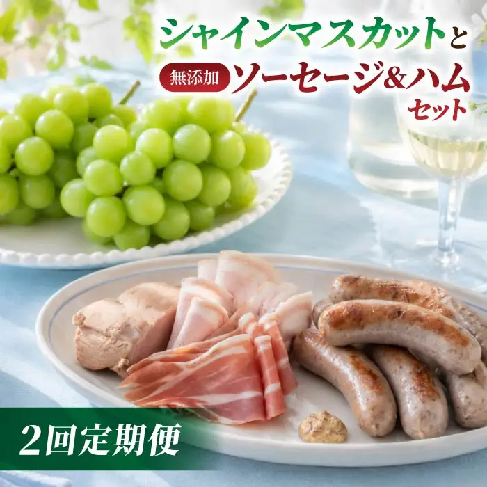 【2回定期便】高評価！シャインマスカットと無添加ソーセージ&ハムセットの定期便（シャインマスカット2房・ソーセージ2種、ハム4種）｜【JA信州うえだ／自家製ソーセージハム男】ぶどう 葡萄 大粒 果物 フルーツ 頒布会 長野