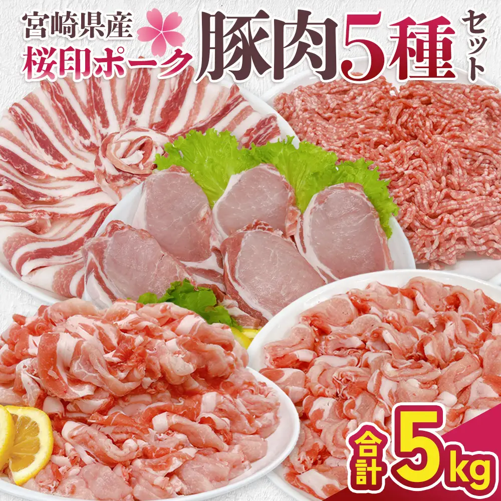 宮崎県産 豚肉 桜印ポーク5種セット(ローススライス / バラスライス / ロースカツ / 切り落とし / ミンチ) 合計5kg 小分け 冷凍 国産 送料無料 九州産 肉 お肉 豚 詰め合わせ