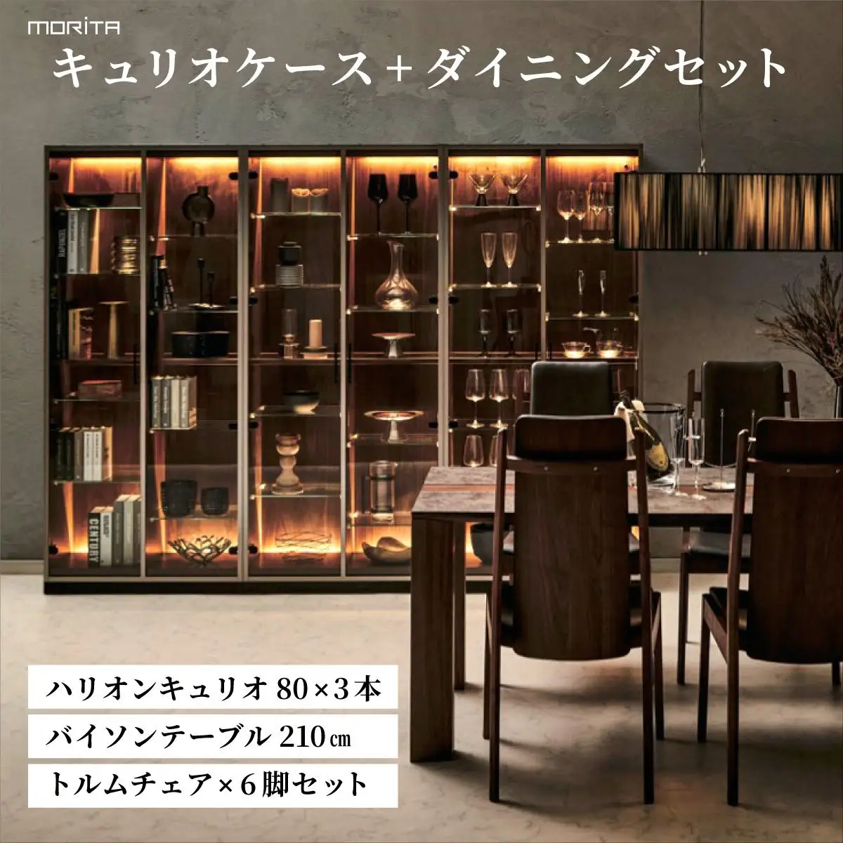 キュリオケース＋ダイニングセット ハリオンキュリオ80×3本+バイソンテーブル210cm＋トルムチェア×6脚セット AL643