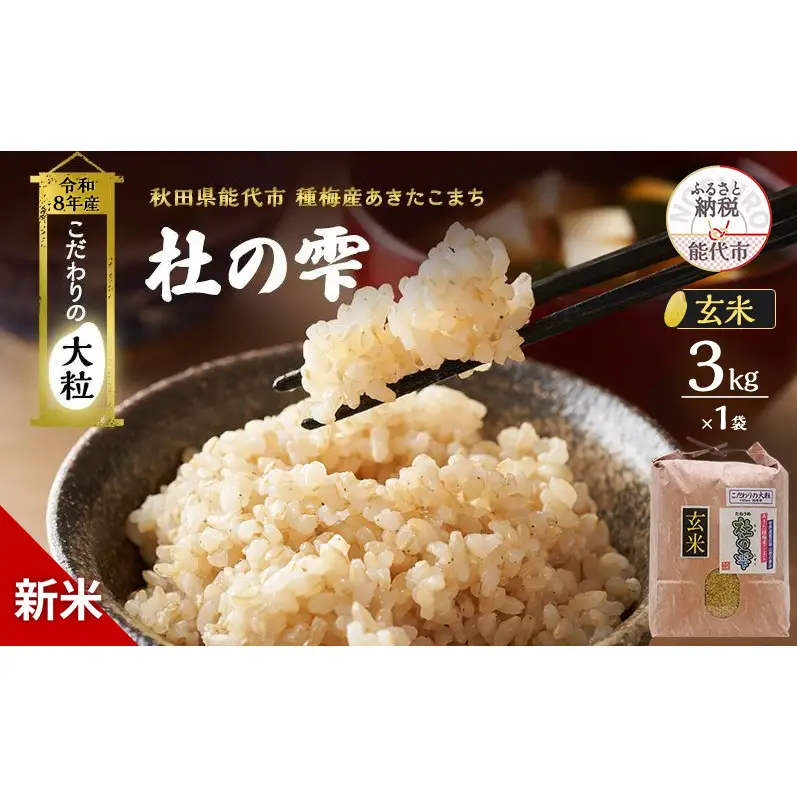【先行予約】令和8年産 玄米 大粒 あきたこまち 秋田県産 杜の雫 玄米【3kg】