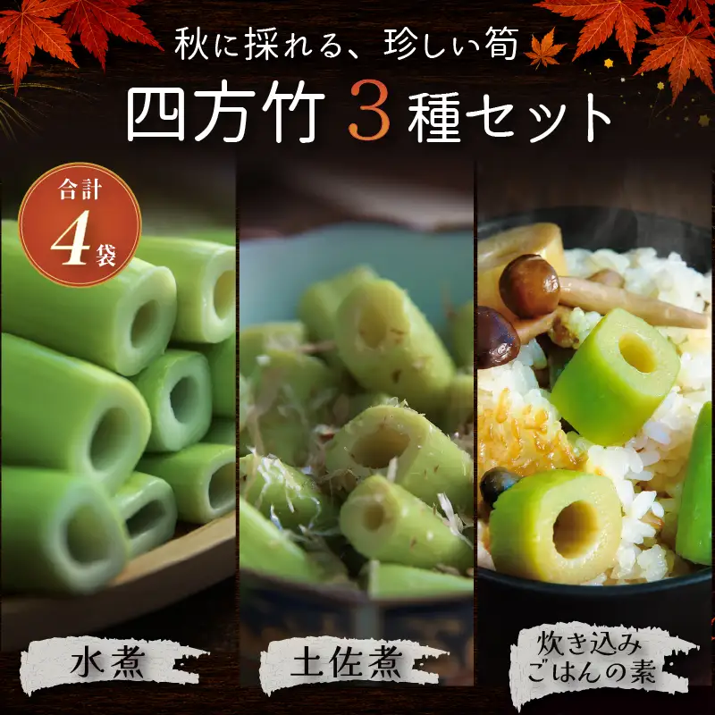 【8月まで 受付限定】 国産 四方竹 づくし 3種セット 水煮 土佐煮 炊き込みごはんの素 計4袋 (2026年11月～発送) | シホウチク 筍 たけのこ 特産 珍味 希少 高知 南国市