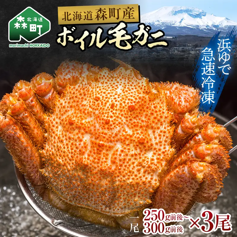 【訳あり】北海道・噴火湾産冷凍ボイル毛ガニ約250g前後～約300g前後×3尾 毛ガニ 毛カニ 蟹 かに かにみそ 海産物 海鮮 森町 mr1-1475
