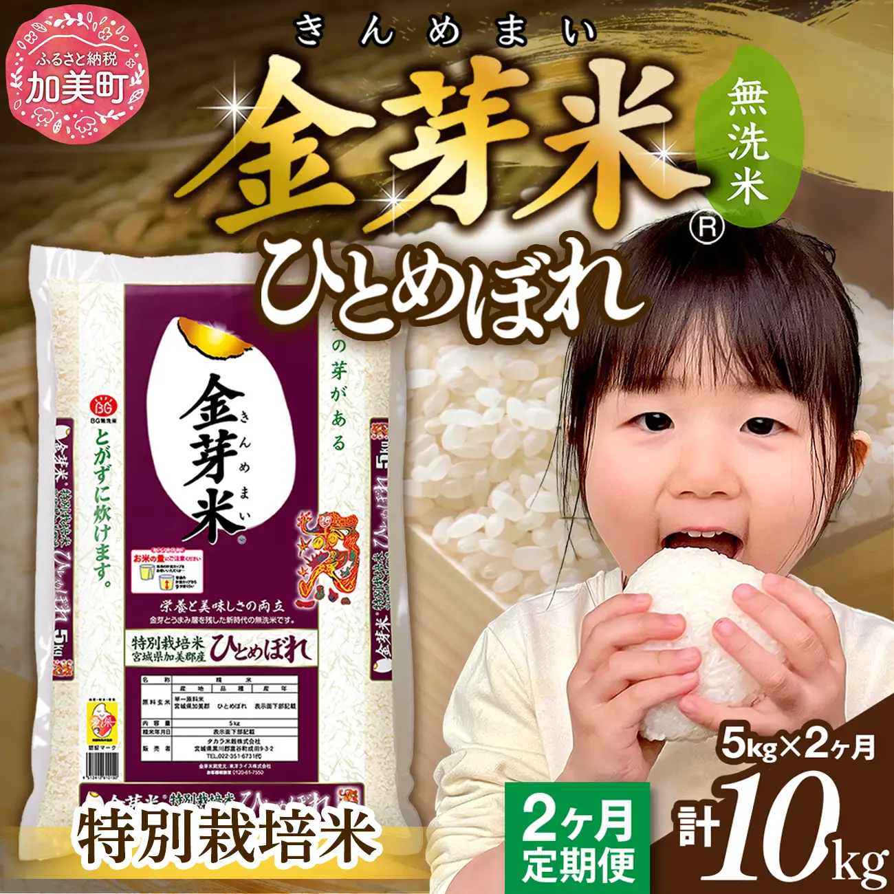 【新米予約】【定期便2回】令和8年産 加美産 金芽米 ひとめぼれ 特別栽培米 無洗米 5kg×2回