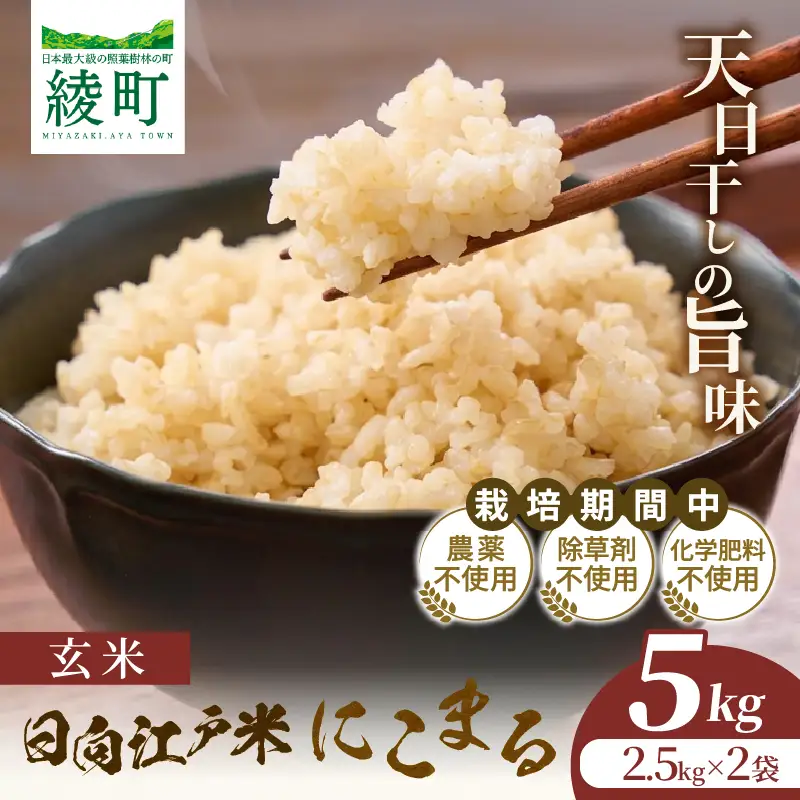 天日干しが引き出す お米の旨味 日向江戸米（にこまる）【玄米】計5kg 国産米 ブランド米 農薬不使用 化学肥料不使用 無農薬 ごはん ご飯 おにぎり お弁当 冷めても美味しい もっちり食感 和食 主食 人気 おすすめ 宮崎県 綾町 送料無料_A0038-029