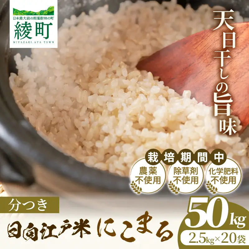 天日干しが引き出す お米の旨味 日向江戸米（にこまる）【分つき】計50kg 国産米 ブランド米 農薬不使用 化学肥料不使用 無農薬 ごはん ご飯 おにぎり お弁当 冷めても美味しい 精米したて 和食 主食 人気 おすすめ 宮崎県 綾町 送料無料_A0038-043