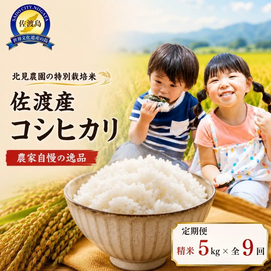 【先行予約・限定】令和8年産　特別栽培米　佐渡産コシヒカリ　農家直送　朱鷺も棲む　北見農園自慢の逸品　定期便（精米5kg×9回コース）